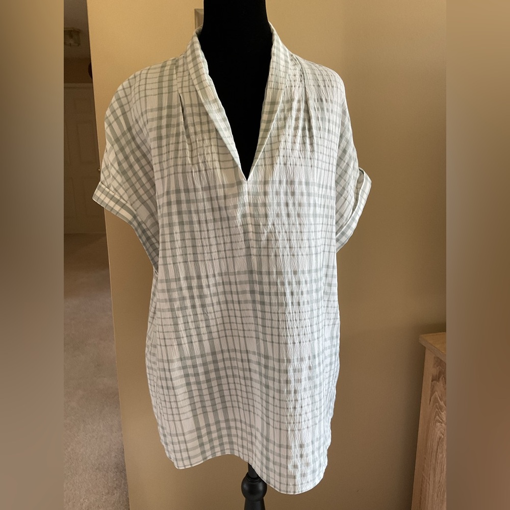 Calvin Klein Mint Green and Cream Checkered Blouse
